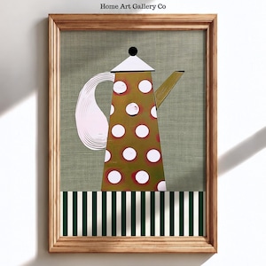 Tall dotted coffee pot print with an oversized cream handle above green stripes