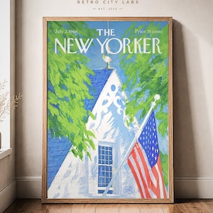 May include: A framed print of The New Yorker magazine cover dated July 2, 1966, featuring a painting of a white house with a blue roof, green trees, and an American flag. The text reads July 2, 1966, The New Yorker, and Price 35 cents.