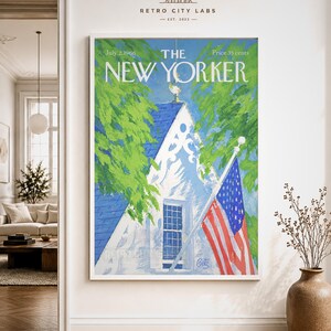 May include: A framed print of The New Yorker magazine cover dated July 2, 1966. The artwork features a white house with a blue roof, green trees, and an American flag. The text reads The New Yorker, July 2, 1966, and Price 35 cents.
