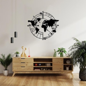 Compass - Metal World Map. Metal Wall Decor. Metal Wall Art. Metal Sign. World Map Wall Art. Metal Art. Housewarming Gift. Wall Hangings