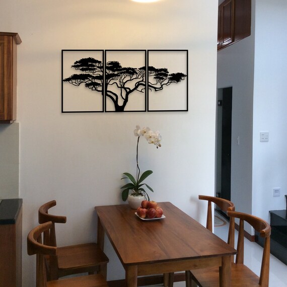 Tableau Mural Arbre De Vie Africain En Métal - Décoration Murale Noire Industrielle 190x96 Cm - Moderne Et Original Pour Salon Ou Bureau