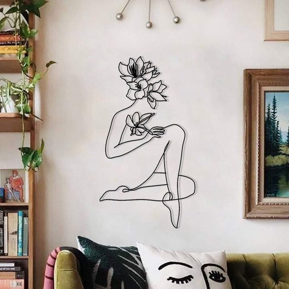 Minimalist Metal Woman Line Art, Floral Headpiece, Wall Decor
