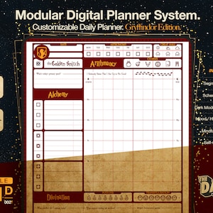 May include: A digital planner with a Gryffindor theme. The planner is divided into sections for different tasks, including Arithmancy, Alchemy, Divination, Potions, and Transfiguration. The planner also includes a section for tracking mood and hydration. The planner is designed to help users stay organized and on track with their goals.