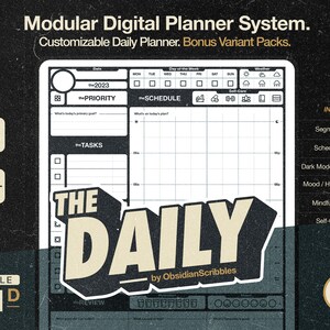 May include: A black and white digital planner with the text "The Daily" in a large, bold font. The planner includes sections for tasks, schedule, priority, and review. It also includes a dark mode variant, mood and hydration tracking, and a mindfulness journal.