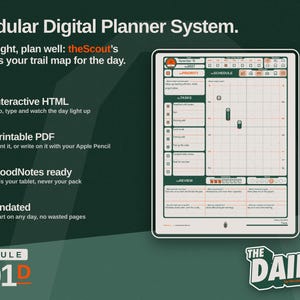 May include: A digital planner system titled Modular Digital Planner System and The Daily. The interface features a dark green and orange color scheme with sections for daily tasks, a schedule grid, and review notes. It is compatible with interactive HTML, printable PDF, and GoodNotes formats.