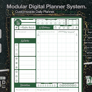Pode incluir: Um planejador diário imprimível verde e branco com tema Slytherin. O planejador inclui seções para Aritmancia, Alquimia, Divinação, Encantos e Poções. O planejador também inclui uma seção para acompanhar o humor, a hidratação e a atenção plena.