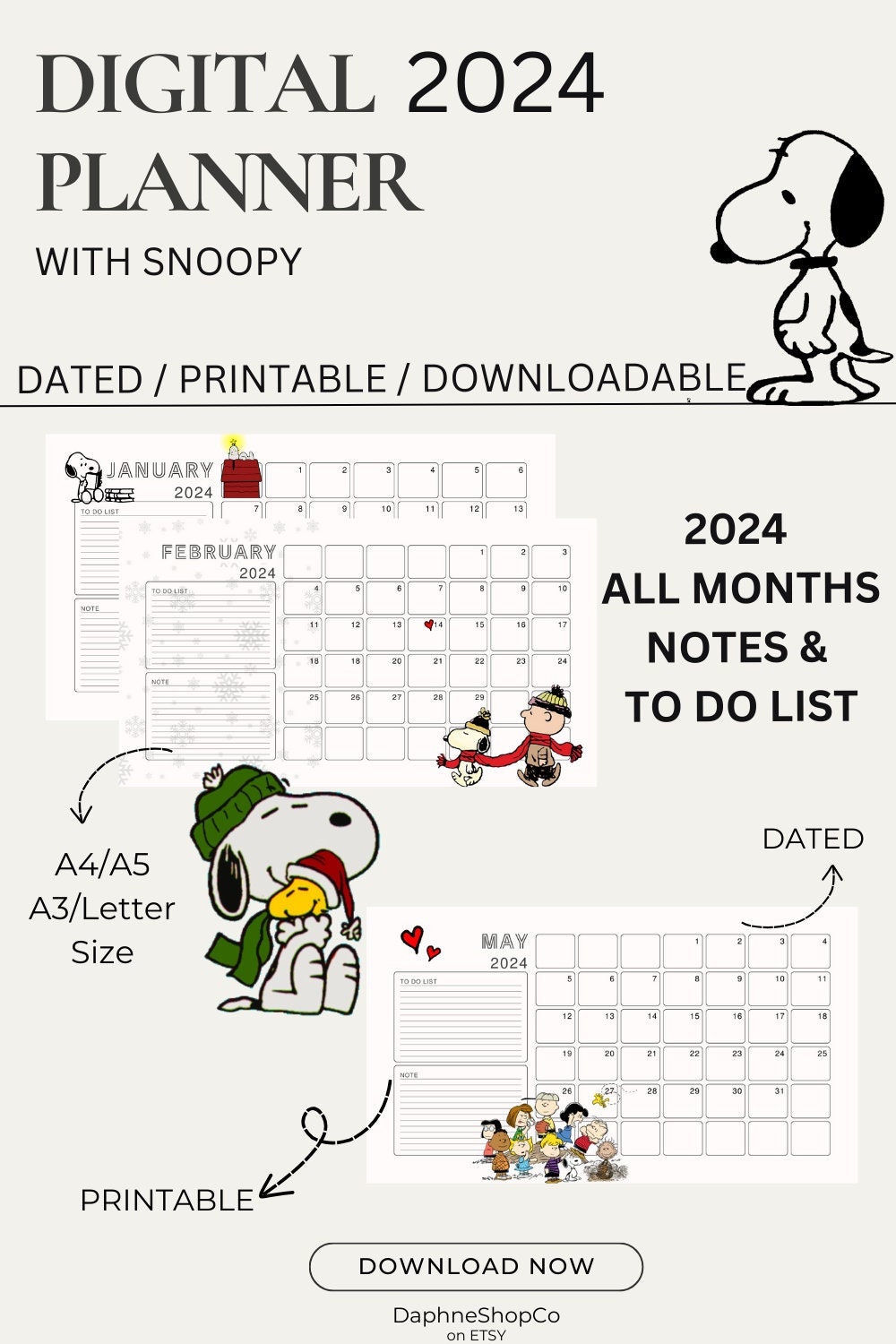 Snoopy Peanuts Yearly Planner Calendar Bundle I Printable I Etsy