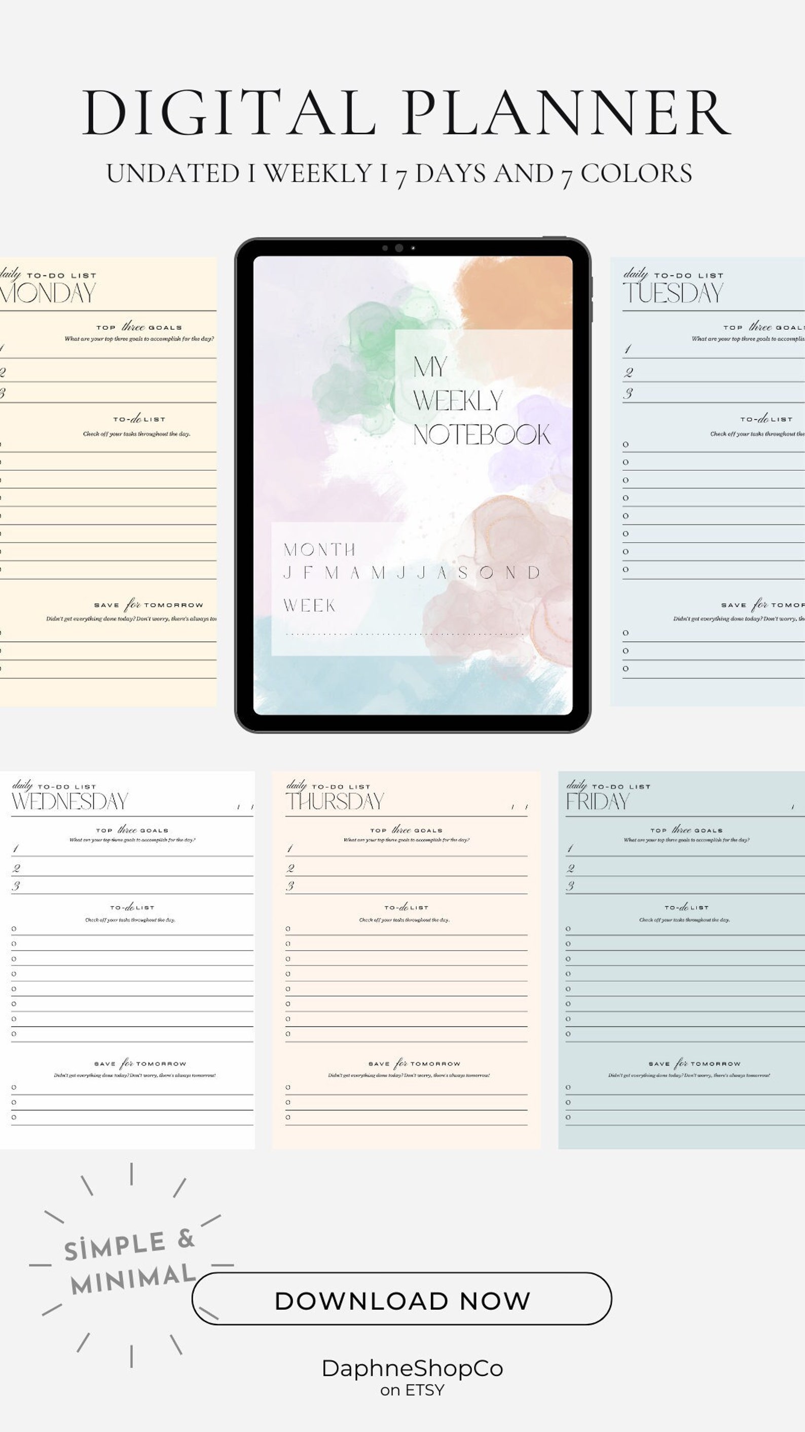 Day to Day Weekly Minimal Planner Bundle, Printable, Instant Download ...
