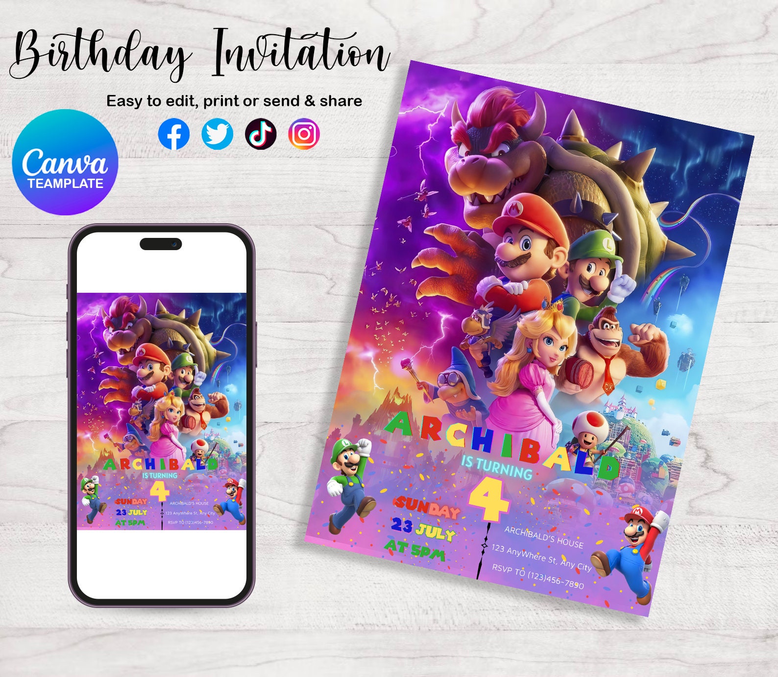 Mario Birthday Invitation Canva Digital Printable Mario - Etsy