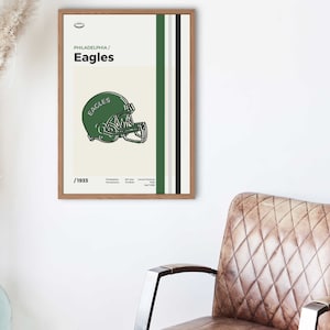 May include: A vintage-style poster featuring the Philadelphia Eagles logo. The poster is green and white with the team's name and the year 1933. The logo is a green football helmet with the word "Eagles" written on it.