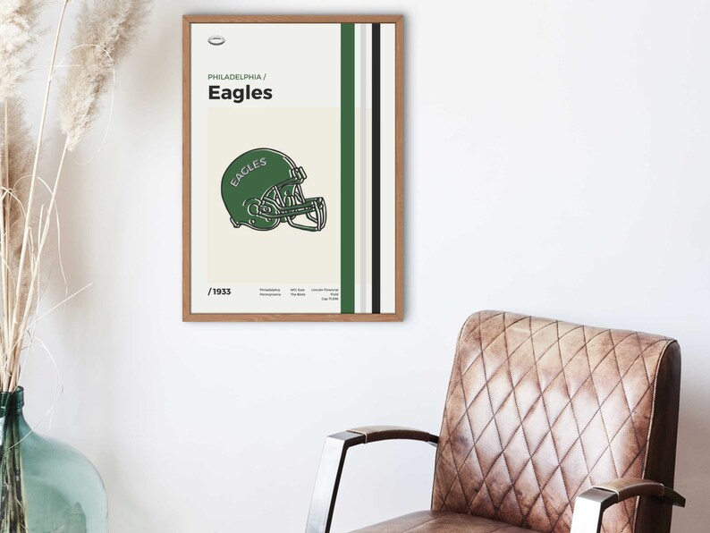 May include: A vintage-style poster featuring the Philadelphia Eagles logo. The poster is green and white with the team's name and the year 1933. The logo is a green football helmet with the word "Eagles" written on it.