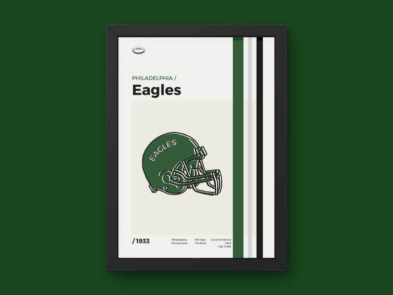 May include: A framed poster with a green and white color scheme featuring a vintage illustration of a football helmet with the word "Eagles" on it. The poster also includes the text "Philadelphia/Eagles/1933".