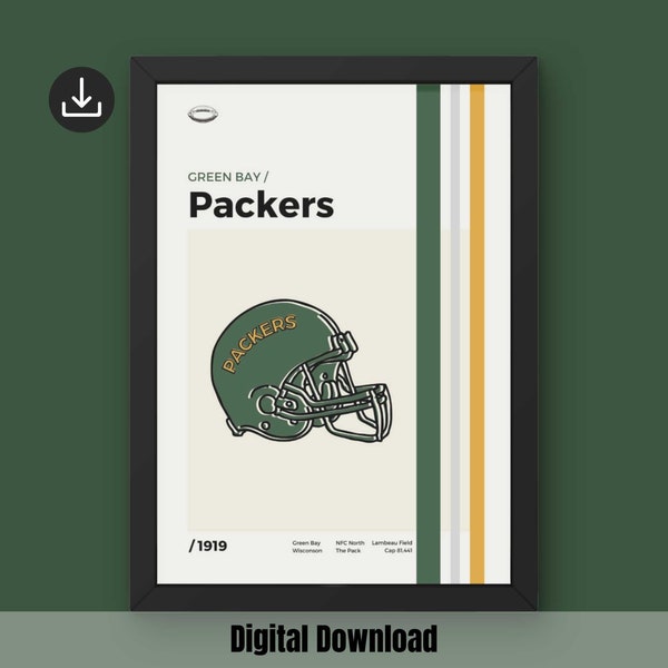 Green Bay Packers Poster - Minimal Mid Century Modern Wall Print Sports (Digital Download)