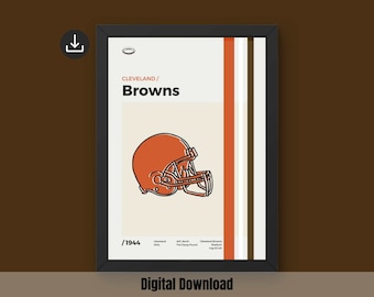 May include: A digital download print of a vintage Cleveland Browns football helmet graphic. The helmet is orange and brown with a white background. The text "Cleveland/ Browns" is in black text above the helmet. The text "/1944" is in black text below the helmet. The text "Cleveland Browns Stadium" is in black text below the helmet.