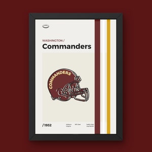 May include: A vintage-style poster featuring the Washington Commanders logo. The logo is a burgundy helmet with a gold outline and the word "Commanders" written in gold across the front. The poster has a white background with burgundy and gold stripes on the right side. The text "Washington/Commanders" is at the top of the poster, and the text "/1932" is at the bottom.