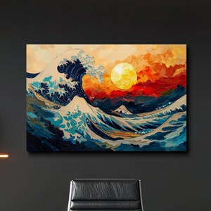 Japanese Waves as the Sun Sets, Ocean Art, Asian Art, Japanese Art, Scenic Wall Art, Canvas Art, Canvas Print, Ready to Hang