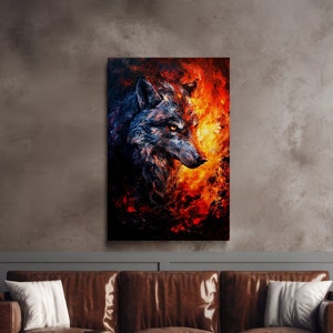 Wolf Facing the Flames, Nature Art, Wolf Art, Scenic Wall Art, Canvas Art, Canvas Print, Ready to Hang