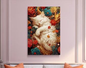 Sleeping Cat with a Serpent, Asian Art, Japanese Art, Cat Art, Scenic Wall Art, Canvas Art, Canvas Print, Ready to Hang