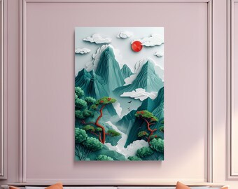 Clouds in a Green Valley, Chinese Paper Cut Out Art Style, Digital Print on Canvas, Scenic Wall Art, Canvas Art, Canvas Print, Ready to Hang
