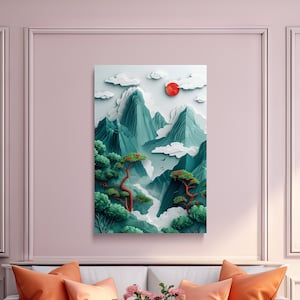 Nuvole in una valle verde, stile artistico ritagliato su carta cinese, stampa digitale su tela, arte da parete panoramica, arte su tela, stampa su tela, pronta da appendere
