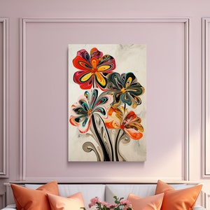 Colorful Flowers in Ebru Style, Flower Art Digital Art on Canvas, Nature Art, Scenic Wall Art, Canvas Art, Canvas Print, Ready to Hang