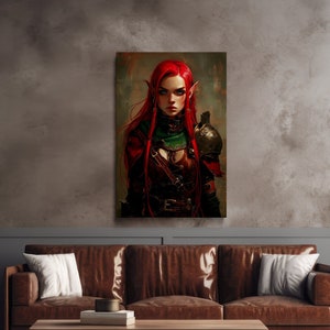 May include: A painting of a woman with red hair and pointed ears, wearing a green and brown leather outfit with a metal breastplate. She is holding a sword in her right hand and looking directly at the viewer.