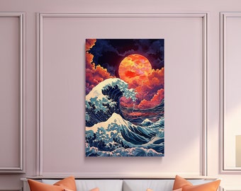 Japanese Waves Under a Red Moon, Asian Art, Japanese Art, Ocean Art, Scenic Wall Art, Canvas Art, Canvas Print, Ready to Hang