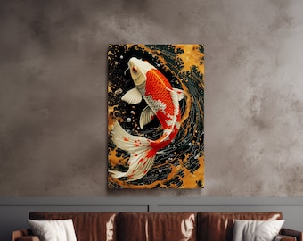 Koi Fish in Dark Water, Japanese Art, Asian Art, Digital Print to Canvas, Scenic Wall Art, Canvas Art, Canvas Print, Ready to Hang