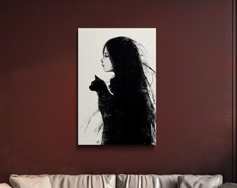 Girl and Her Cat in Black and White, Sketch Art, Modern Art, Thoughtful Art, Scenic Wall Art, Canvas Art, Canvas Print, Ready to Hang