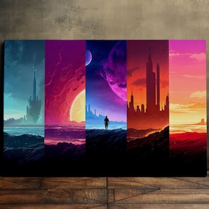 May include: A digital art print featuring five different landscapes with a futuristic city skyline, a lone figure standing on a beach, and a variety of colorful skies.