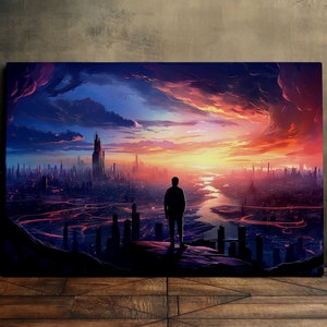 Com vista para a cidade durante o pôr do sol, cenário deslumbrante, arte da cidade, arte cênica da parede, arte em tela, impressão em tela, pronto para pendurar