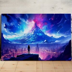 City Beneath the Mountain, Beautiful Futuristic Art, Majestic Landscape, Scenic Wall Art, Canvas Art, Canvas Print, Ready to Hang