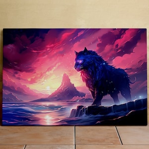 Majestic Beast on the Water&#39;s Edge, Beautiful Sunset, Fantasy Art, Nature Scene, Scenic Wall Art, Canvas Art, Canvas Print, Ready to Hang