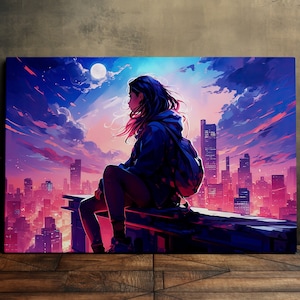 City Kid Looking Over the City, Cyberpunk, Netrunner, Beautiful Landscape, Scenic Wall Art, Canvas Art, Canvas Print, Ready to Hang