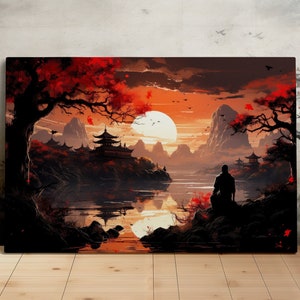 Japanischer Krieger an einem ruhigen See, Östliche Kunst, Samurai, Meditation, Landschaftswandkunst, Leinwandkunst, Leinwanddruck, fertig zum Aufhängen