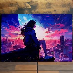 Kid Looking Over the City, Cyberpunk, Netrunner, Beautiful Landscape, Scenic Wall Art, Canvas Art, Canvas Print, Ready to Hang
