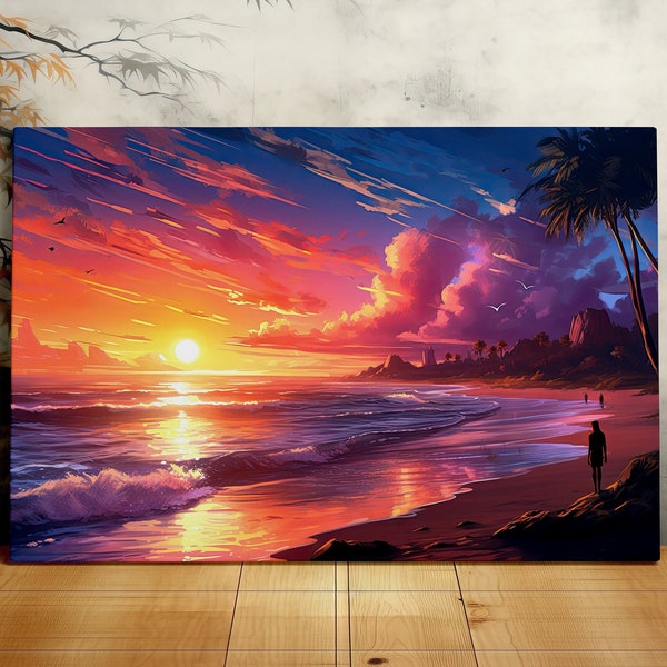 Wunderschöner Sonnenuntergang Spaziergang am Strand, majestätische Landschaft, Paradies Kunst, Malerische Wandkunst, Leinwand Kunst, Leinwand Druck, fertig zum Aufhängen