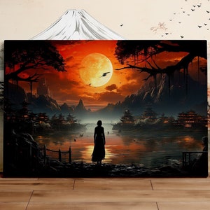Japanischer Mondschein über dem Dorf, mystische Kunst, Fantasy Landschaft, szenische Wandkunst, Leinwand Kunst, Leinwanddruck, fertig zum Aufhängen
