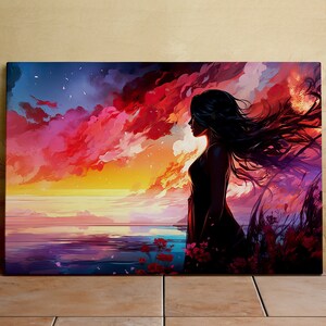 Beautiful Woman in the Breeze, Vibrant Colorful Landscape, Scenic Wall Art, Canvas Art, Canvas Print, Ready to Hang