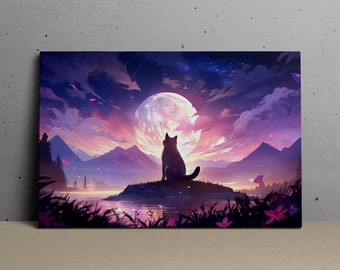 Cat Under the Moonlight, Lone Kitten, Psychedelic Night Sky, Scenic Wall Art, Canvas Art, Canvas Print, Ready to Hang