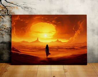 Signora che cammina nel deserto, dune, Desertpunk, bellissimo paesaggio, arte da parete scenica, arte su tela, stampa su tela, pronta da appendere