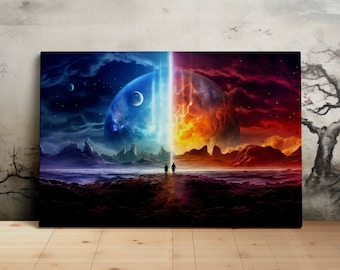 Split Worlds on a Distant Planet, Stunning Space Art, Fantasy Art, Scenic Wall Art, Canvas Art, Canvas Print, Ready to Hang
