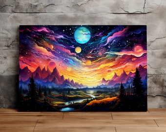 Psychedelic Starry Sky with Planets, Mystical Art, Fantasy Art, Scenic Wall Art, Canvas Art, Canvas Print, Ready to Hang