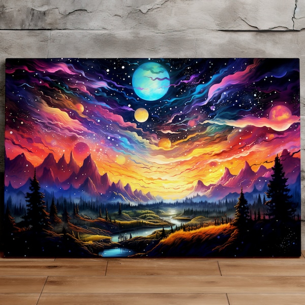 Psychedelische sterrenhemel met planeten, mystieke kunst, fantasy kunst, schilderachtige muurkunst, canvaskunst, canvasprint, klaar om op te hangen