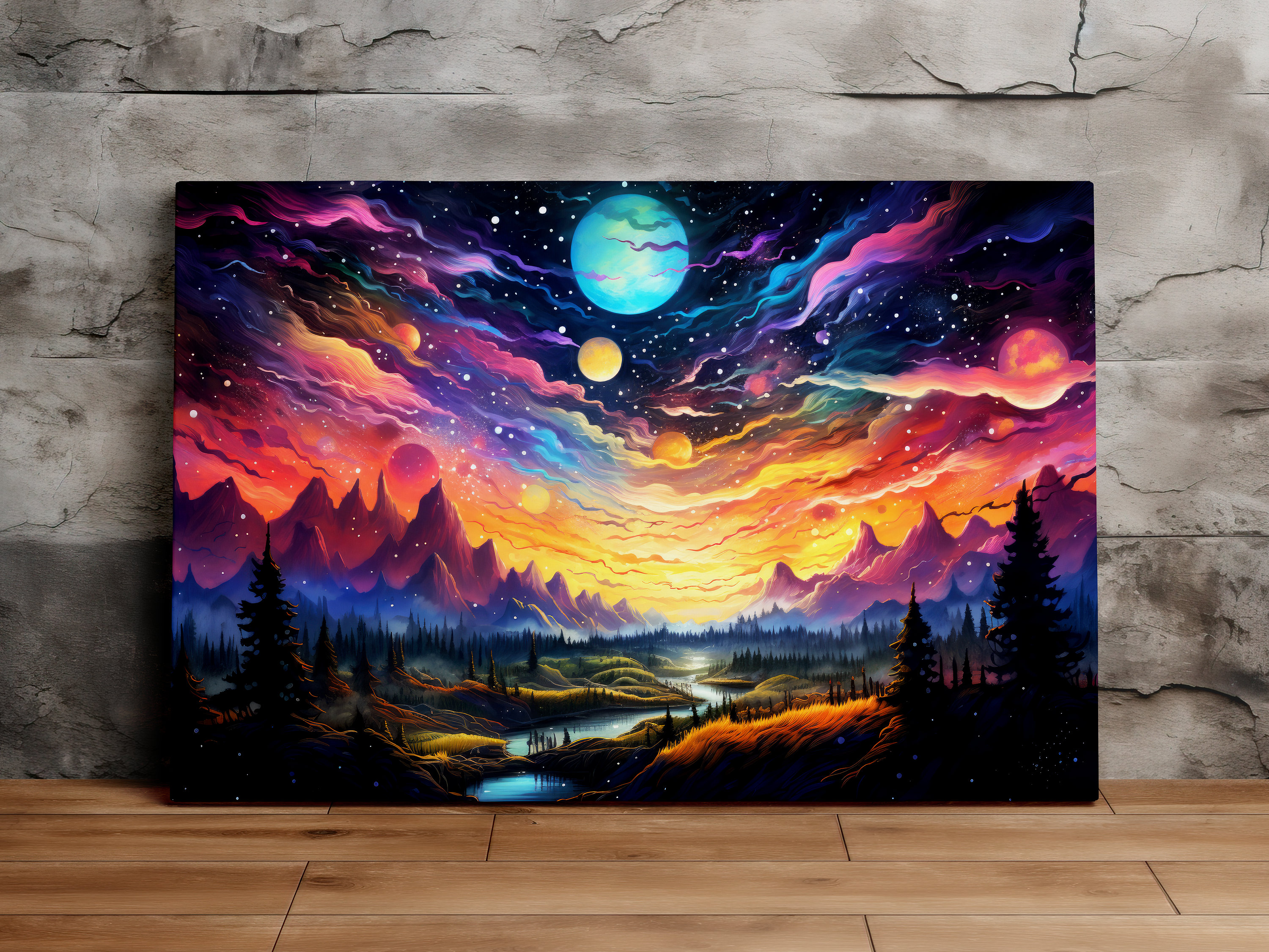 Psychedelic Starry Sky With Planets, Mystical Art, Fantasy Art