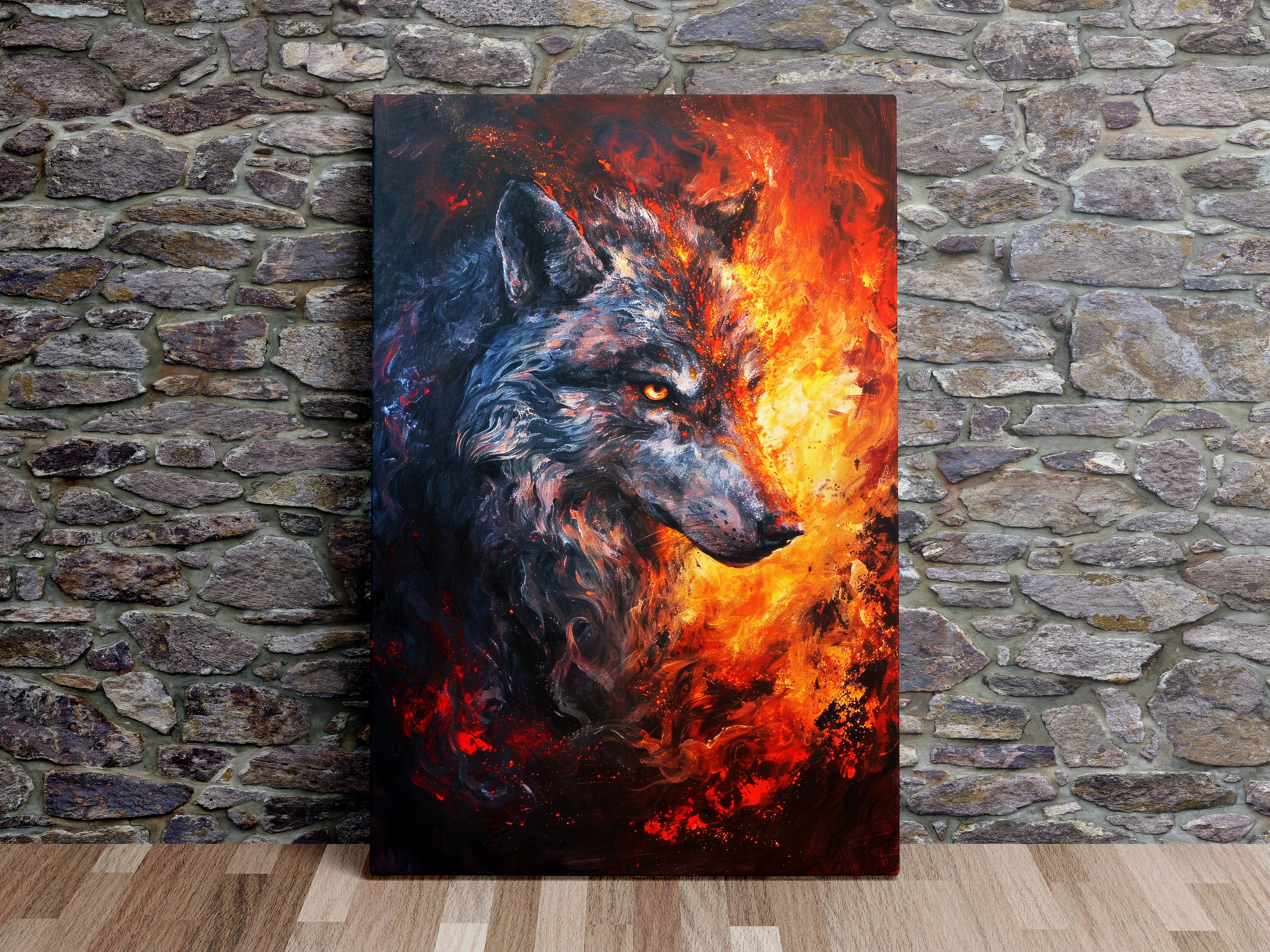 Wolf Facing the Flames, Nature Art, Wolf Art, Scenic Wall Art