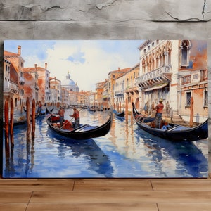 Gondolas in a Venetian Canal, Watercolor, Oil Painting, European Art, Modern Art, Scenic Wall Art, Canvas Art, Canvas Print, Ready to Hang
