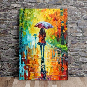 Woman on a Path with an Umbrella, Oil Painting Art Style, Digital Print on Canvas, Scenic Wall Art, Canvas Art, Canvas Print, Ready to Hang
