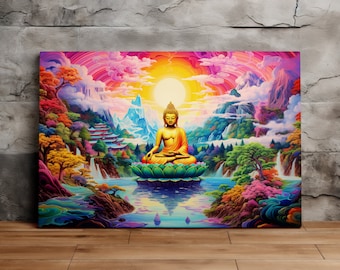 The Buddha in a Surreal Lake, Meditation Art, Psychedelic Art, Majestic Art, Scenic Wall Art, Canvas Art, Canvas Print, Ready to Hang