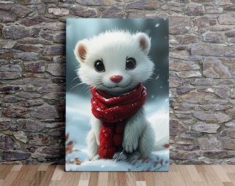 Cute Critter in a Red Scarf, Stoat Animal Art, Christmas Art, Nature Art, Scenic Wall Art, Canvas Art, Canvas Print, Ready to Hang